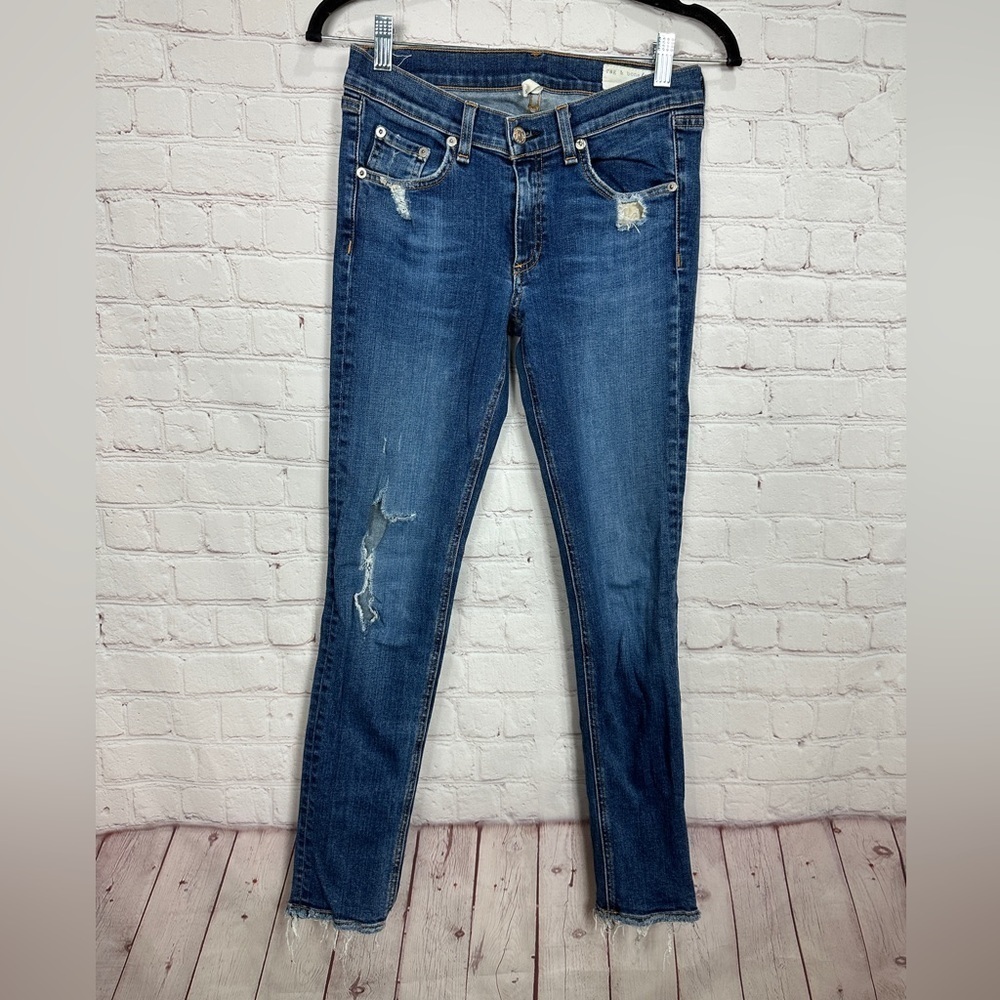 Rag & Bone Frayed raw hem Skinny Jeans Women's Size 27 mid-Rise Denim Blue